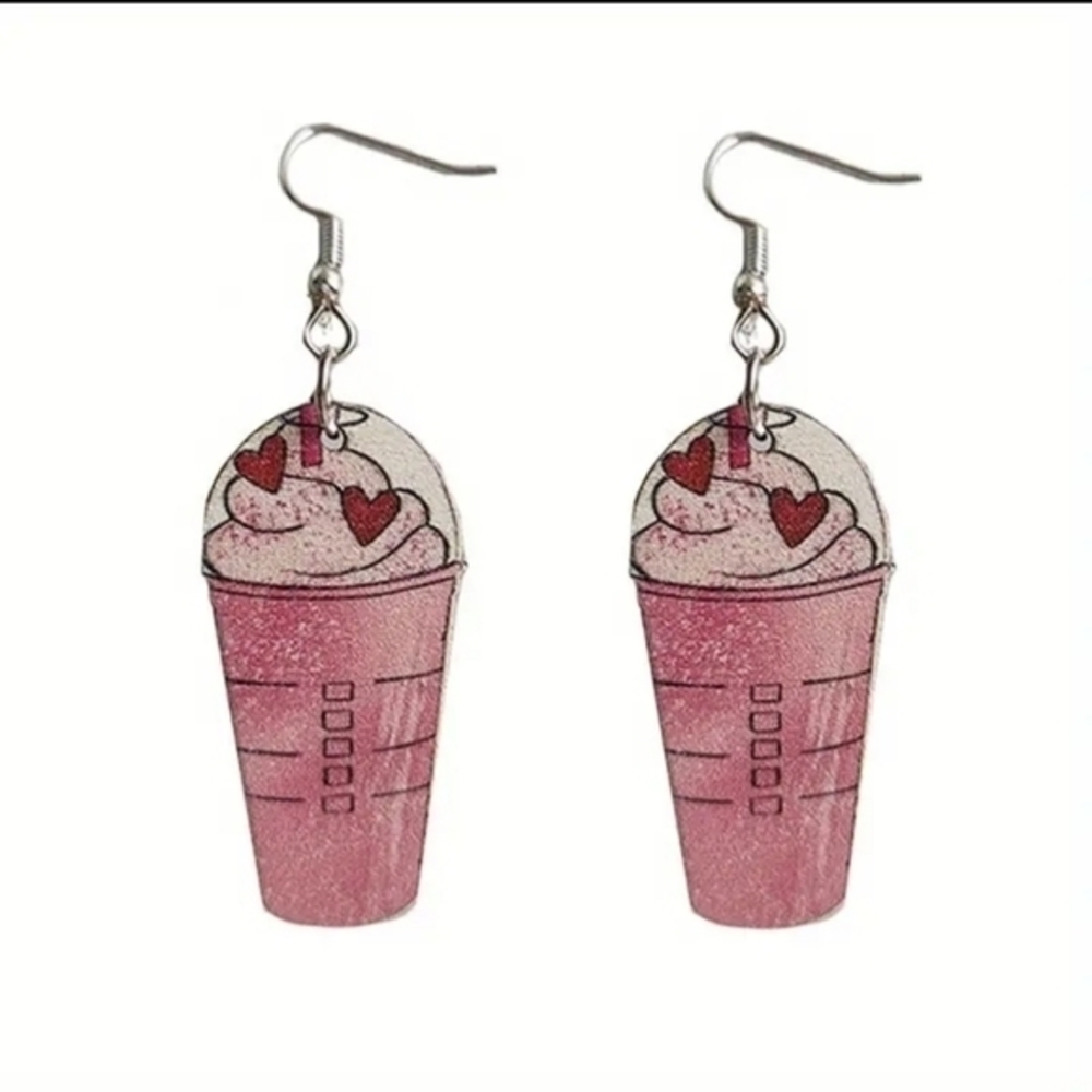 Vintage‎ Coffee Cup Design Wooden Dangle Earrings Pink